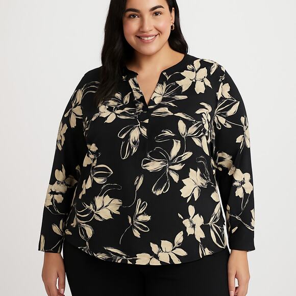 Floral Black Beige Long Sleeve Blouse Zac & Rachel Woman 1X Plus Size - Picture 1 of 6